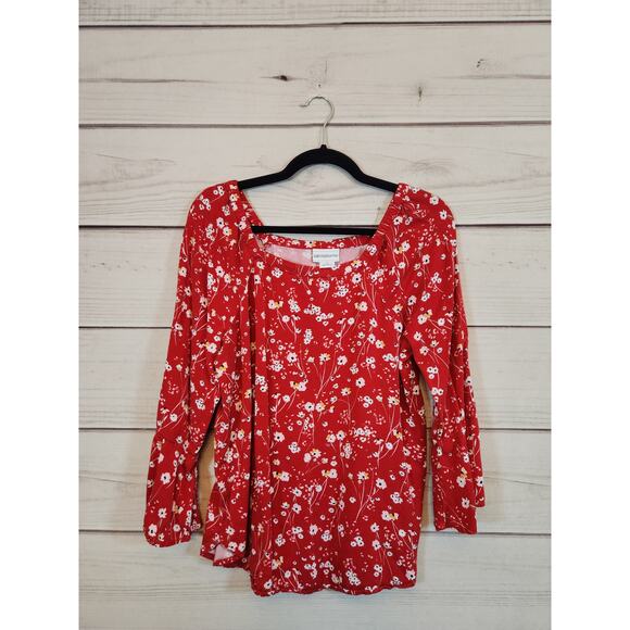 Liz Claiborne Tops - Liz Claiborne Women's Red White Floral Bell Sleeve Square Neck Blouse Size Small